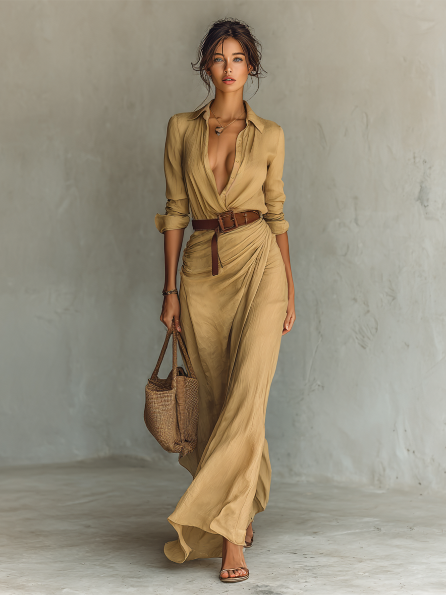 Vestido maxi con cuello de solapa y cinturón