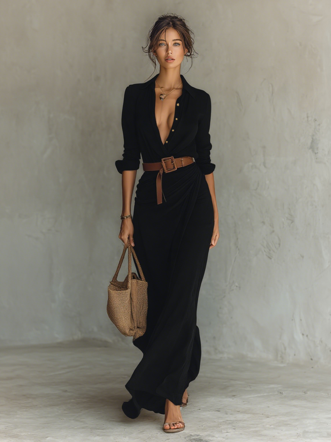 Vestido maxi con cuello de solapa y cinturón