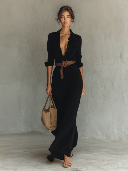 Vestido maxi con cuello de solapa y cinturón