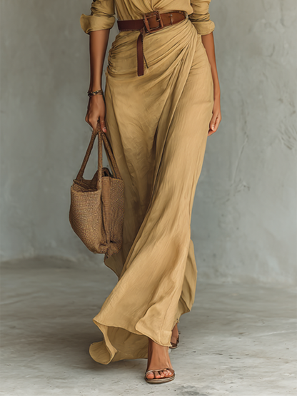 Vestido maxi con cuello de solapa y cinturón