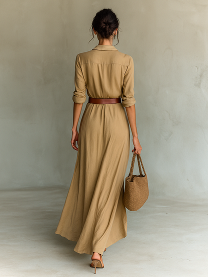 Vestido maxi con cuello de solapa y cinturón